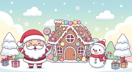 Cheerful Santa and Snowman by Sweet Gingerbread House Scene