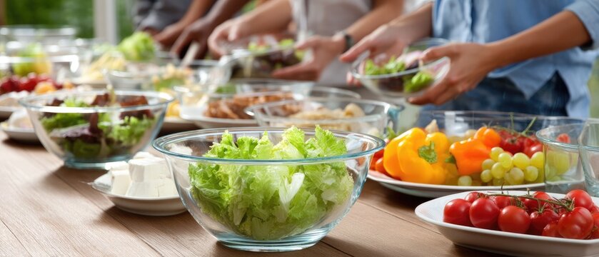 People preparing colorful salads with fresh ingredients at a communal table during a lively cooking event in a bright kitchen setting