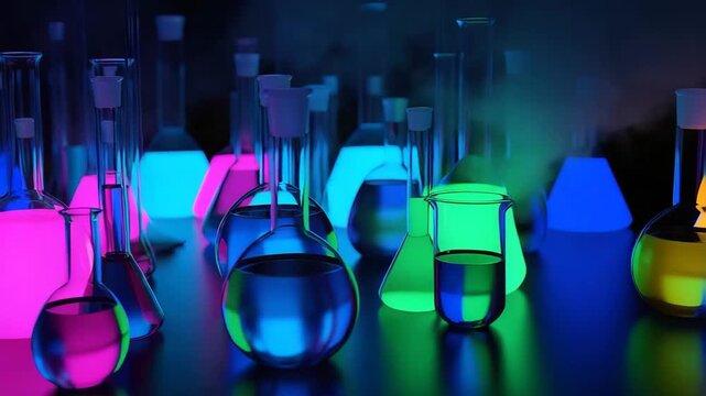 Colorful glowing laboratory flasks and beakers filled with liquid in dark room - Powered by Adobe