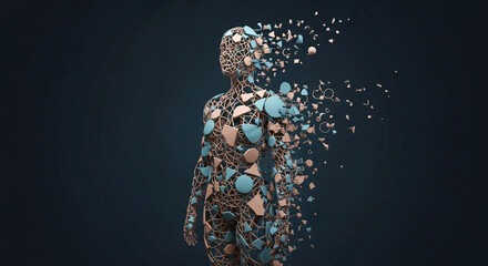 Abstract 3d rendering of a human figure disintegrating into geometric shapes against a dark background, symbolizing transformation, technology, and the digital age