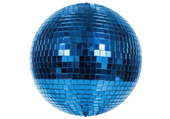 Isolated, shiny blue disco ball with square mirrors for dancing, parties and entertainment