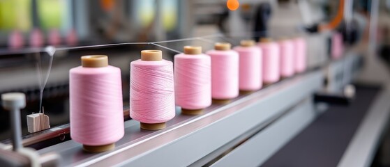 Pink thread spools arranged on a sewing machine in a bright workshop during the day