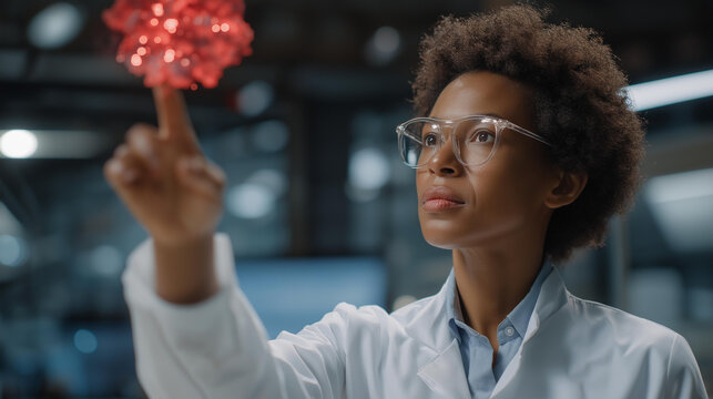 Doctor interacting with holographic blood cell models in AR, expressing curiosity and focus, symbolizing next-generation medical education, AI-assisted research, and immersive laboratory