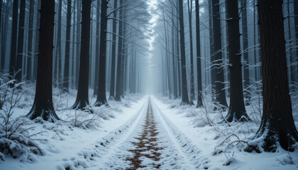  A mystical forest path covered in snow, surrounded by tall silent trees