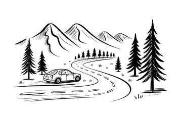 Fototapeta premium Monochromatic Hand-Drawn Mountain Road Landscape with Car and Pine Trees