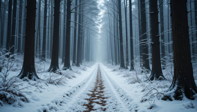 A mystical forest path covered in snow, surrounded by tall silent trees - Powered by Adobe