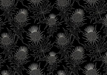 Elegant thistle pattern with detailed line work on a stark black background
