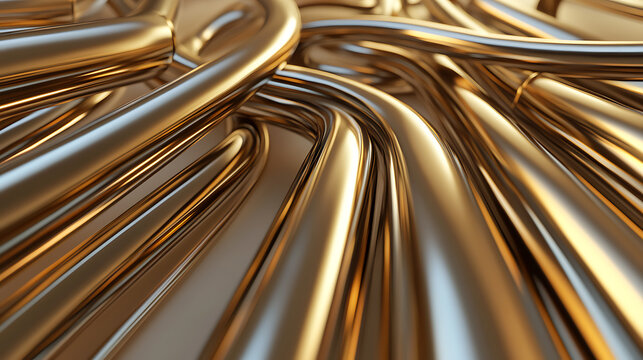 Golden Curves: An abstract composition of metal tubes create a mesmerizing pattern. Metallic luster and dynamic shapes evoke flow and sophistication.