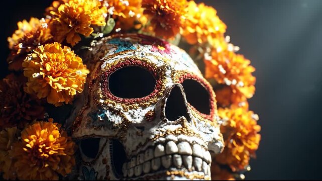 Marigold flowers surround the skull, while marigold petals complement the intricate skull carvings. The skull features marigold accents, making its marigold display mesmerizing.