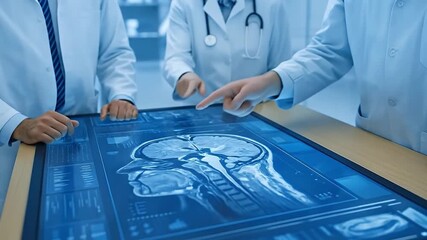 Healthcare Professionals Discussing Human Brain MRI on Futuristic Interactive Touchscreen in a High-Tech Medical Environment - Powered by Adobe