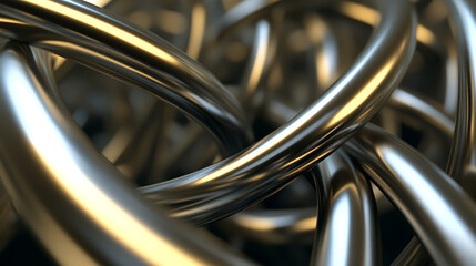 Intertwined metallic elements create a mesmerizing, complex pattern with soft light reflections and subtle gradient on round surfaces. Close-up.