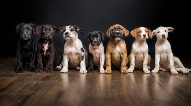 Adorable lineup of various puppies sitting on a wooden floor against a black background.