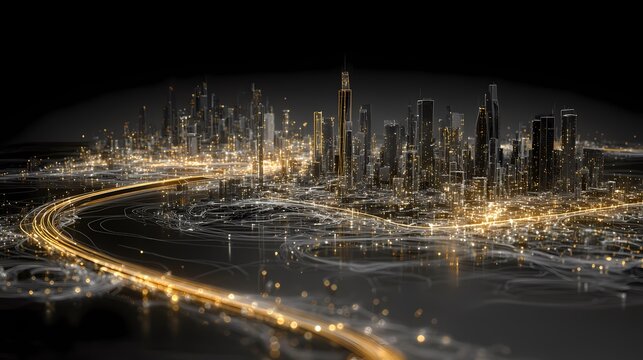 Futuristic Digital Cityscape with Glowing Golden Network Lights