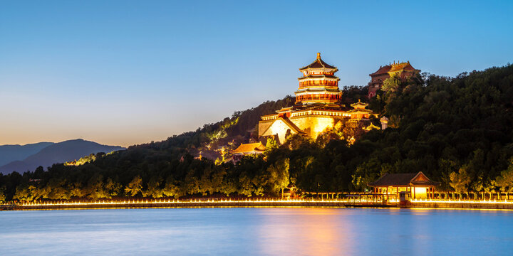 Night View of Buddhist Incense Pavilion and Kunming Lake in the Summer Palace, Beijing, China