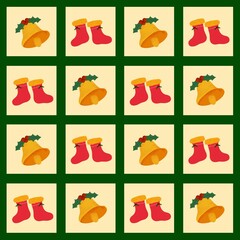 seamless background with yellow bell and red sock decoration for christmas 
