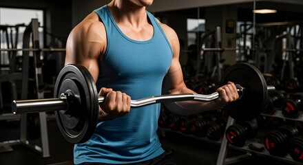 muscular man exercising biceps with barbell in gym