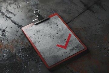 Red check mark on metallic clipboard resting on a dark grunge background, conveying concepts of task completion, approval, and quality control