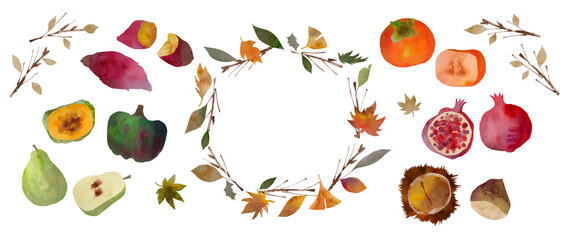 秋の実りと枝 水彩コラージュセット Watercolor Autumn Harvest and Foliage collage Parts Set