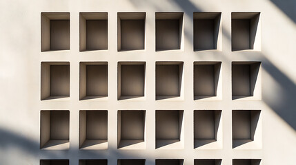 Abstract pattern of recessed squares on a building facade, bathed in sunlight creating sharp shadows. Architectural minimalism emphasized.