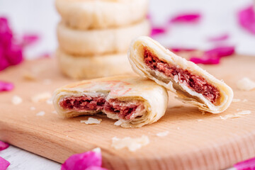 Chinese Yunnan specialty gourmet flower cake on a cutting board