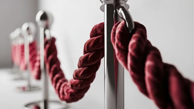 A red rope is tied to a metal pole, creating a barrier. The rope is knotted and he is made of a soft material, possibly velvet. The rope is positioned in a way that it is not easily accessible
