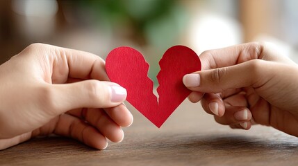 Two hands holding a torn red heart symbolizing heartbreak and lost love during a heartfelt conversation in a cozy setting