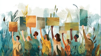 Group of diverse people holding signs for environmental awareness