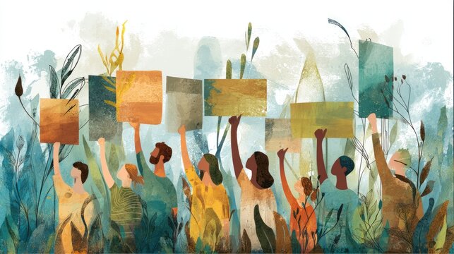 Group of diverse people holding signs for environmental awareness - Powered by Adobe