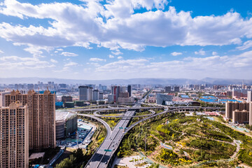 Fototapeta premium High Angle Scenery of Xing'an South Road Overpass in Hohhot, Inner Mongolia, China