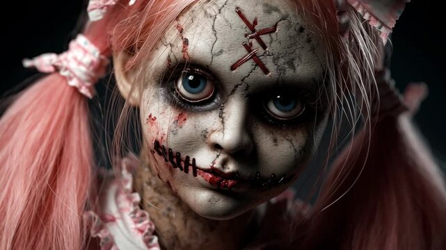 Horror doll of halloween with cracked and dirty porcelain skin with long pink hair on dark atmospheric background