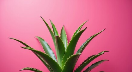 Fototapeta premium Green pineapple leaves standing out against fuchsia pink background