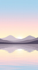 Fototapeta premium minimalist wallpaper, mountain sunrise, flat design, nature background, pastel landscape, lake reflection, sunrise art, calm wallpaper, mountain view, aesthetic background