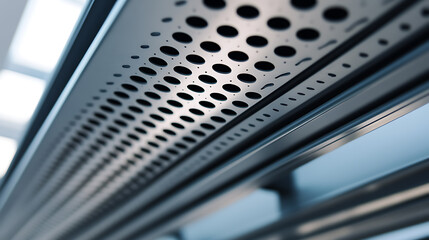 Perforated Metal Ceiling. Geometric pattern of holes in a panel. Metal structure with geometric array of circular openings. Low angle perspective.
