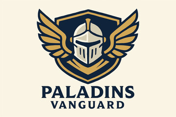 A stylized logo features a knight's helmet within a shield with wings, representing Paladins Vanguard, a symbol of strength and protection against a light beige background.