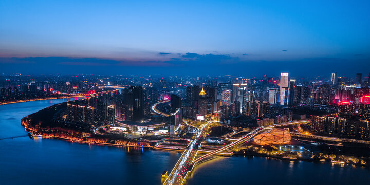 Tall-high Aerial View of Shengjing Theater and Hunhe Skyline Night Scene in Shenyang, Liaoning Province, China