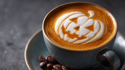 Obraz premium Spooky Halloween pumpkin latte art in cozy cup of coffee. Festive and warm autumn holiday drink with creative face design on brown foam