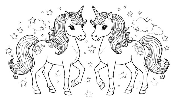 Two cute unicorns facing each other, outlined, for coloring