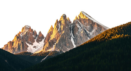 Majestic mountain peaks illuminated by golden sunset light isolated on transparent background