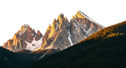 Majestic mountain peaks illuminated by golden sunset light isolated on transparent background
