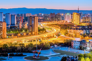 Night view of urban skyline in Jinqiao Development Zone, Hohhot, Inner Mongolia, China