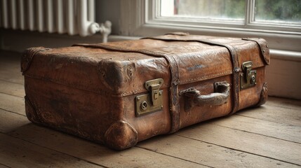 overstuffed. An overstuffed leather suitcase with straining clasps on a wooden floor. lifestyle magazines, social media lookbooks, designed for lifestyle magazines and social media content.