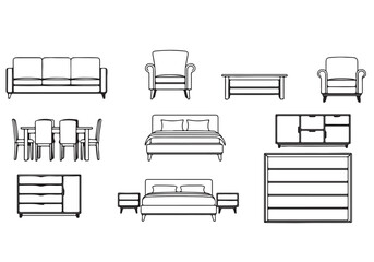Furniture Line Art Collection – Living Room, Bedroom, and Kitchen Vector Icons
