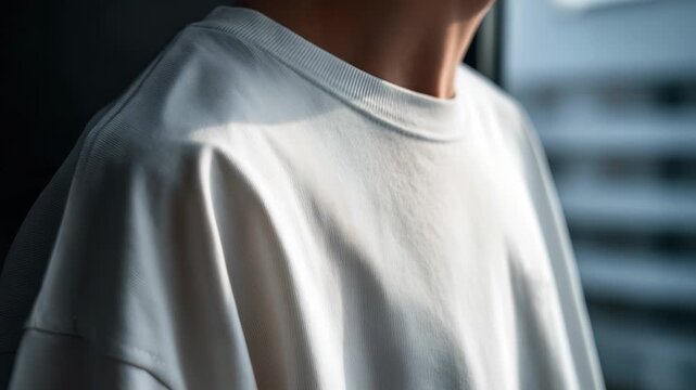 A young man's neck and shoulders are visible, his white shirt softly illuminated. The shirt gently conforms to the man's neck, highlighting the texture and color.