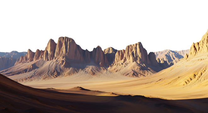 Alien desert landscape with sharp rock formations isolated on transparent background
