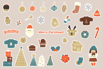 北欧風のシンプルかわいい手描きのクリスマスイラストセット　ステッカー風