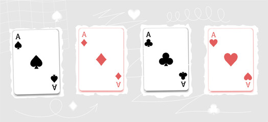 Paying cards halftone with torn paper y2k collage four Aces set of Spades, Hearts, Diamonds and Clubs. Poker cards suits with dots. traditional shapes and authentic colors