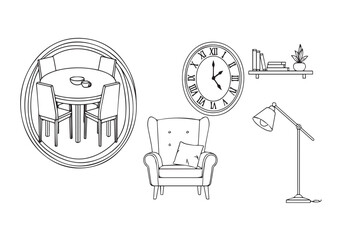 Fototapeta premium Modern Home Furniture Outline Vector Set – Minimalist Interior Icons in Front View