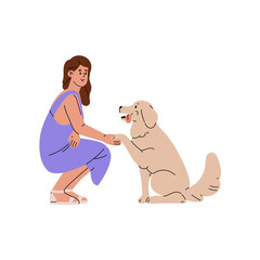 Owner teaches pup tricks, basic commands. Golden retriever gives, shakes paw to girl. Trainer plays with fluffy puppy. Dog training, exercises. Flat isolated vector illustration on white background.