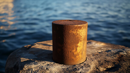 Weathered metal post by the sea, a testament to time and the elements, standing strong against the water's edge on a rocky shore. Sunrise on the water.