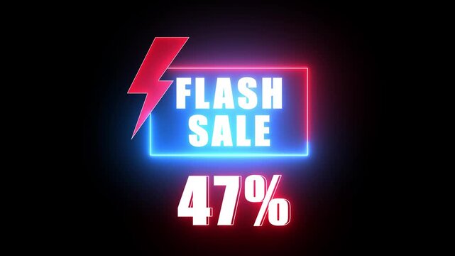 Neon flash sale notification with 47 percent off glowing in blue and red on black discount percentage